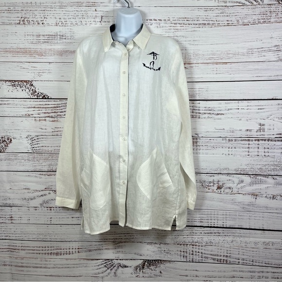 Soft Surroundings White 100% Linen Button Anchor Logo Tunic Shirt - Picture 1 of 15